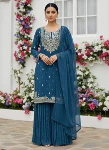 Traje Salwar de Seda para Mujer, Estilo Indio-Pakistaní, Sharara Gharara, Color Cielo, para Fiestas, Bodas, Uso Casual, Estilo Tradicional, para Todas las Temporadas - Product Image 6