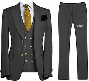 Nouveaux costumes d'affaires pour hommes, smoking de marié croisé, col cranté, plissé, respirant, antistatique, en tissu peigné 100% polyester - Product Image 6