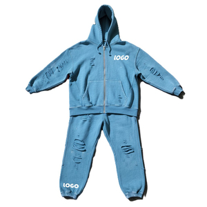 Survêtement unisexe gris à capuche, fermeture éclair intégrale, couleur unie, design vieilli, tenue décontractée pour adultes, saison automne, 100 % coton - Product Image 6