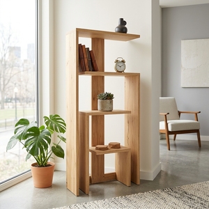 Étagère à livres géométrique moderne en bois massif, présentoir asymétrique à niveaux élégant pour salon, design artistique, ensemble d'art pur - Product Image 4