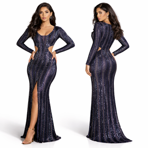 Vestido de noche moderno con bordado y manga larga para mujer |   Vestido largo ajustado al cuerpo |   Abertura alta |   Vestido Elegante para Fiesta Nocturna - Product Image 1