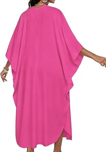 Robe Kaftan ample à col en V et manches courtes pour femme, couleur unie, longueur midi, tissée, style décontracté, idéale pour la plage en été - Product Image 4