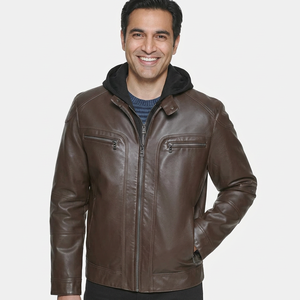 Hot Selling <b>Men's</b> Classic <b>Leather</b> <b>Jacket</b> with Removable Hood and Stand Collar OEM Canvas <b>jacket</b> for <b>men</b> - Product Image 6