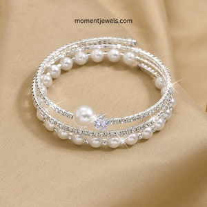 Luxury Freshwater Pearl <b>Bangle</b> <b>Bracelet</b> for Women Gold Silver Plated Round Pearl Rhinestone Charm <b>Bracelet</b> - Product Image 1