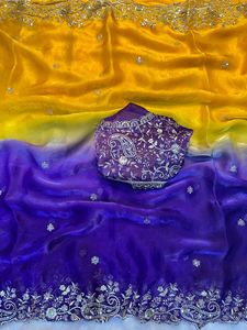 AARA Fashion <b>Purple</b> and Yellow Embroidered Silk <b>Saree</b> with Paisley Border Traditional Drape for Wedding Sun Protection - Product Image 6
