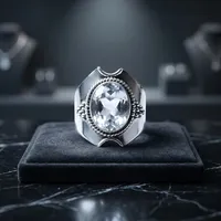 Bague Statement en Argent Sterling 925 avec Cristal, Quartz Clair Naturel, Faite à la Main, Bijoux Vintage, Mode Homme Femme, Vente en Gros