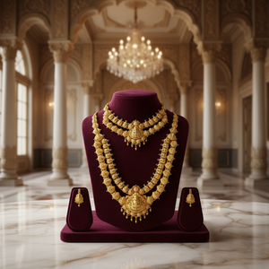 ชุดสร้อยคอทองคำแท้ 22K ลายวัด |   เครื่องประดับเจ้าสาวแบบดั้งเดิมของอินเดีย |   งานฝีมือเคลือบทองโบราณแบบแฮรัม - Product Image 2