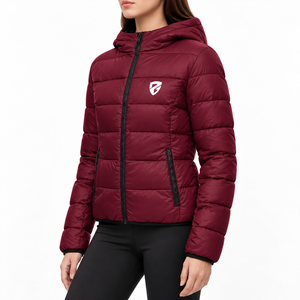Chaqueta acolchada con capucha color borgoña para mujer, con cierre, ligera, para invierno, elegante y cálida. - Product Image 2