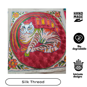Square Kashmiri Aari Hand Embroidered Cotton pillow cover <b>silk</b> thread Red Cat design eco friendly zip closure Luxury Accent - Product Image 2