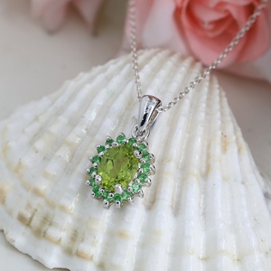Collar con Colgante de Peridoto Natural, Plata de Ley 925, Gema Verde con Halo, para Mujer, Joyería de Piedra de Nacimiento de Agosto - Product Image 2
