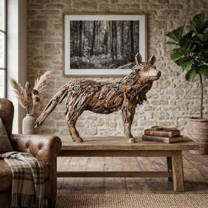 Handcrafted <b>wooden</b> wolf sculpture <b>rustic</b> teak driftwood animal statue looking right standing floor decoration frames spaces unit - Product Image 5