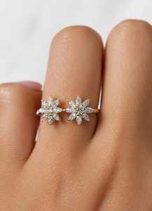 Anillo de doble banda con diamantes florales cultivados en laboratorio, corte marquesa y redondo, para mujer, oro macizo de 14K, amuleto de pareja, ideal para regalo de aniversario. - Product Image 3