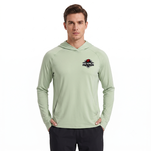 Unisex Summer Fishing <b>Top</b> Light Green Hooded Long Sleeve Sun Protection Shirt with Pockets and <b>Thumb</b> <b>Holes</b> - Product Image 1