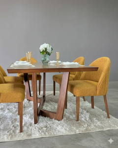 Ensemble de table à manger en teck massif 6 places avec chaises rembourrées couleur moutarde, mobilier de salle à manger moderne minimaliste pour restaurant et hôtel - Product Image 2