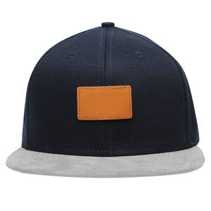 High Quality Unisex <b>Navy</b> Blue 6-Panel Snapback Cap With Tan Leather Patch Flat Brim Street Style Casual <b>Hat</b> - Product Image 3