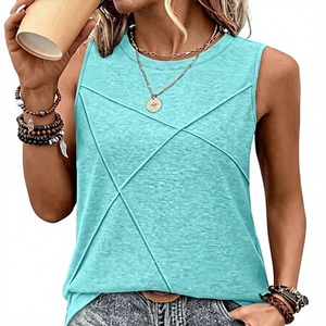 Débardeur en tricot géométrique turquoise pour femme, col rond, décontracté, pour l'été, longueur normale, respirant, sans manches - Product Image 1
