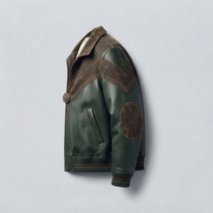 Blouson aviateur en cuir vert et marron pour homme, style motard, col rabattu, fermeture éclair, coupe-vent, idéal pour l'automne - Product Image 4
