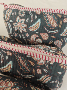 Dark Blue Floral Block Printed Eco-Friendly Durable Cotton Zipper <b>Makeup</b> <b>Case</b> Indian Travel Cosmetic Organizer Kit - Product Image 5