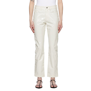 Pantalon d'hiver décontracté en cuir véritable pour femme, coupe large, taille mi-haute, devant plat, marron, avec détails en dentelle - Product Image 6