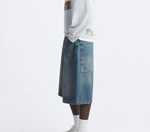 Shorts en jean vintage pour homme, coupe droite, style streetwear d'été, délavé foncé, effet usé, en coton, coupe ample, personnalisable - Product Image 5