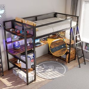 Letto a soppalco singolo in metallo nero con stazione di lavoro a LED e design pieghevole con più spazi contenitori - Product Image 2