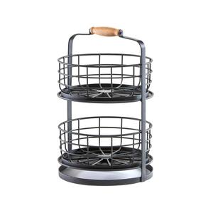 Panier de rangement multifonctionnel écologique à double niveau avec poignée en bois, design moderne pour la maison, organisateur de fruits en fer durable - Product Image 1