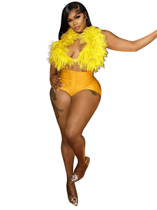 Vestido Casual Sexy para Espectáculo, con Tirantes en el Cuello, Dos Piezas, Adornado con Plumas, Shorts Ajustados para Discotecas, Ecológico - Product Image 4