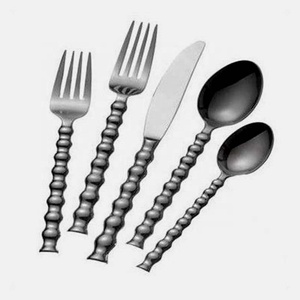 Ensemble de couverts en acier inoxydable, poli miroir argenté, noir mat, nouveau Look de luxe, Design bambou, poignée finition argent mat - Product Image 1