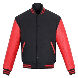 Veste de sport pour homme en laine noire et manches en cuir véritable blanc, style varsity, baseball, bomber. - Product Image 3