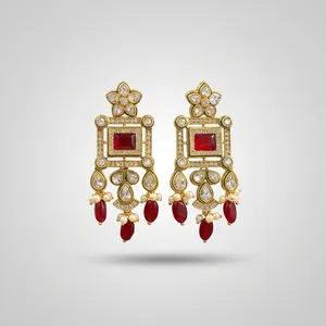 Conjunto de Collar y Pendientes Largos de Aleación de Cobre con Zirconia Polki y Perlas de Imitación, Chapado en Oro, para Mujer, Estilo Indio, para Boda, Novia, Pieza Destacada - Product Image 4