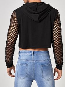 <b>Fishnet</b> Mesh Long Sleeve Drawstring Crop Hoodie Sweatshirt Pullover - Product Image 4