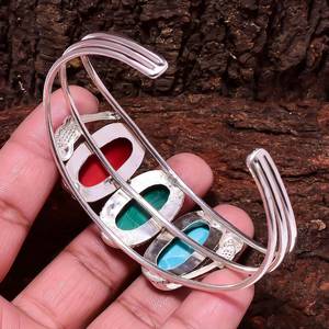 กำไลข้อมือเงินประดับหินหลากชนิด ปะการังแดง มาลาไคต์ ฮาวไลต์ ทำมือ สไตล์โบโฮ เครื่องประดับอัญมณี ของขวัญ - Product Image 6