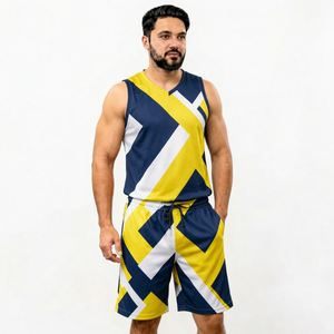 Men's Geometric Print Tank Top And <b>Shorts</b> Set V-Neck Quick Dry Knitted <b>Polyester</b> Sporty Summer Outfit - Product Image 1
