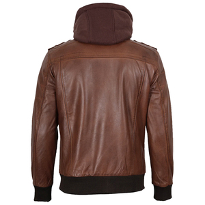 Veste en cuir marron premium pour homme, style motard vintage, coupe ajustée, en PU, avec capuche amovible, coupe-vent d'hiver - Product Image 4