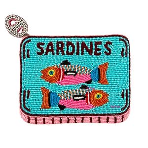 Pochette à fermeture éclair perlée motif sardines turquoise, style pochette à monnaie, thème fruits de mer, fournisseur B2B - Product Image 1