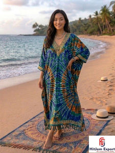 Vestido Kaftan Estampado para Mujer, Ropa de Playa de Verano, Corte Holgado, Tela Suave, Estilo Moderno, Fabricación Personalizada al por Mayor, Suministro para Exportación - Product Image 6