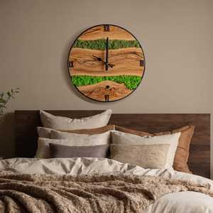 Olive Wood Wall Clock with Metal Frame Handmade Preserved Moss Panel Rustic Natural Wall Accent Housewarming Gift - Product Image 3