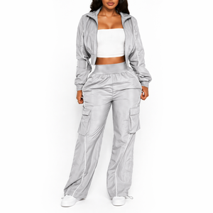 Conjunto Deportivo Cortavientos para Mujer, Pantalones Cargo y Chaqueta con Cierre, 2 Piezas, Nailon, OEM Personalizado - Product Image 5