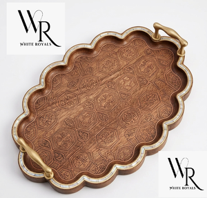 Plateau de service en bois fait main avec poignée en métal, finition naturelle, pour la maison et la restauration, utilisation pour le service des aliments, en gros chez White Royals - Product Image 1