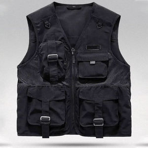 Men's <b>Black</b> Multi Pocket Tactical <b>Vest</b> Zipper Closure Utility Waistcoat Casual Outdoor Wear Breathable Polyester V-neck - Product Image 1