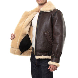 Men's Brown Genuine Leather Jacket Polyester Lined <b>Zip</b>-<b>Up</b> Turn-Down Collar Windproof Winter Outerwear Regular Fit Moto Style - Product Image 5