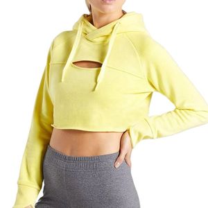 Hoodie court jaune pour femme, manches longues, en tissu éponge, écologique, pour l'été, en coton tricoté - Product Image 1