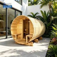 Sauna Exterior Tipo Barril de Calidad Hotelera con Porche y Vista Panorámica Trasera, Certificación ETL, Control Inteligente por WiFi, Estilo Francés de Lujo