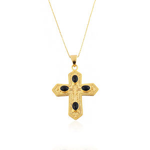 Wholesale fashion necklace black onyx oval gemstone cross pendant necklace 18k gold plated designer religious jewelry necklace - Product Image 1