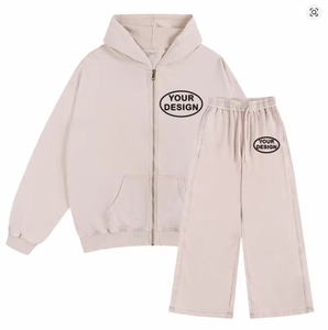 Custom 100% Cotton Heavyweight Matching Set Boxy <b>Zip</b> Hoodie Wide Leg Pants Unisex - Product Image 2