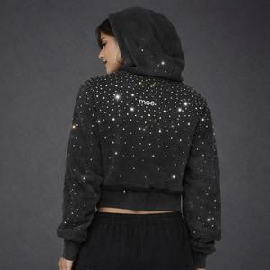 Trendy Woman's <b>Black</b> All Over Rhinestone Hoodie <b>Sparkly</b> Crystal Bling Crop <b>Top</b> Streetwear Hoodies Oversize Custom Logo OEM USA - Product Image 2