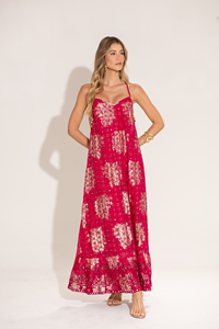 Robe longue bohème élégante pour femmes, rouge, sans manches, col carré, taille haute, 100% coton, écologique, robe de plage d'été - Product Image 3