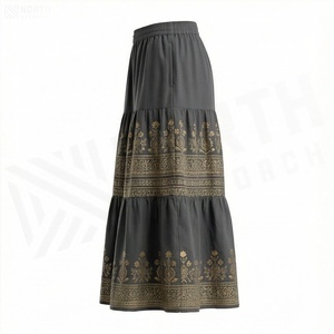 Women's A-Line Midi <b>Skirt</b> <b>Elastic</b> Waist Bohemian Floral Embroidery Dark Gray Polyester Comfortable All Seasons Style - Product Image 3