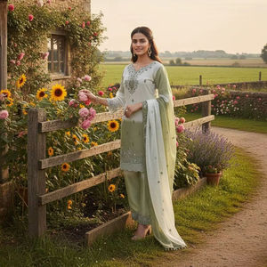 Ensemble palazzo en soie Banarasi brodée de qualité supérieure, bicolore, avec dupatta de créateur - Product Image 5