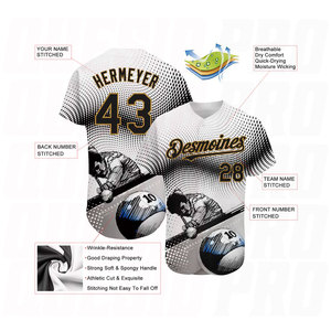 Camiseta de Béisbol Auténtica Personalizada con Diseño de Patrón 3D en Blanco, Negro y Dorado Viejo - Product Image 1